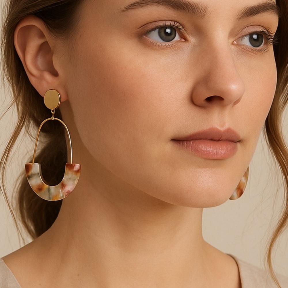 Marbled Acrylic U-Shaped Statement Earrings Gold Tone Modern Boho Chic artsy